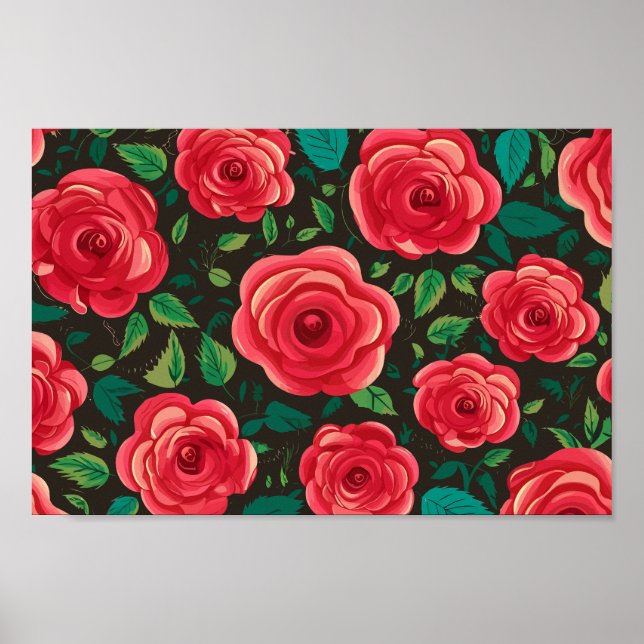 Poster Rosas vermelhas no Bloom: Uma Tela Floral Espelhad (Frente)