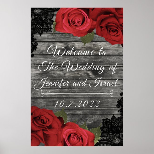 Poster Rosas Vermelhas Rustico Placa de Casamento com Ren (Frente)
