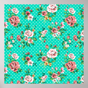 Póster Rosas Vintage Polkadots Brancos Padrão Whimsical