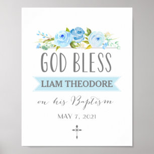 Poster Rose Banner God Bless Blue Baptism Sign