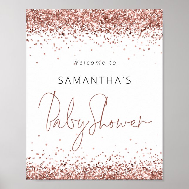 Poster Rose Gold Glitter Script Bem-vindo ao Chá de Bebê  (Frente)