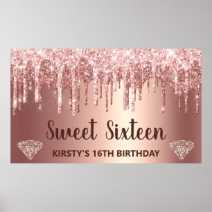 Poster Rose Gold Gotejando Brilho & Diamante Sweet 16