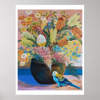 Poster Rosella e flores silvestres australianas de cabeça