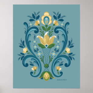 Poster Rosemaling Blue e Dourado