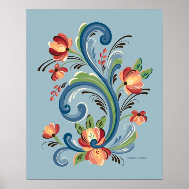 Poster Rosemaling Blue e Red (Frente)
