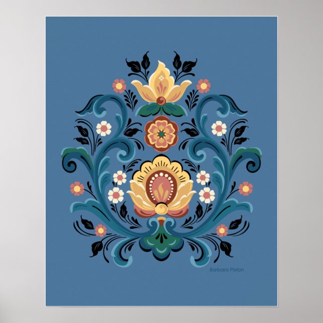 Poster Rosemaling Dourado and Burgundy (Frente)