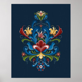 Poster Rosemaling Escandinavo Folk Azul Vermelho