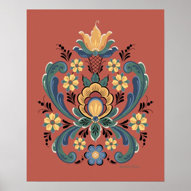 Poster Rosemaling Red and Dourado (Frente)