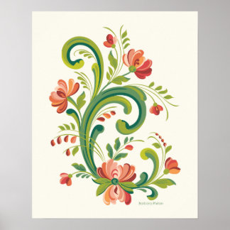 Poster Rosemaling Red and Pink