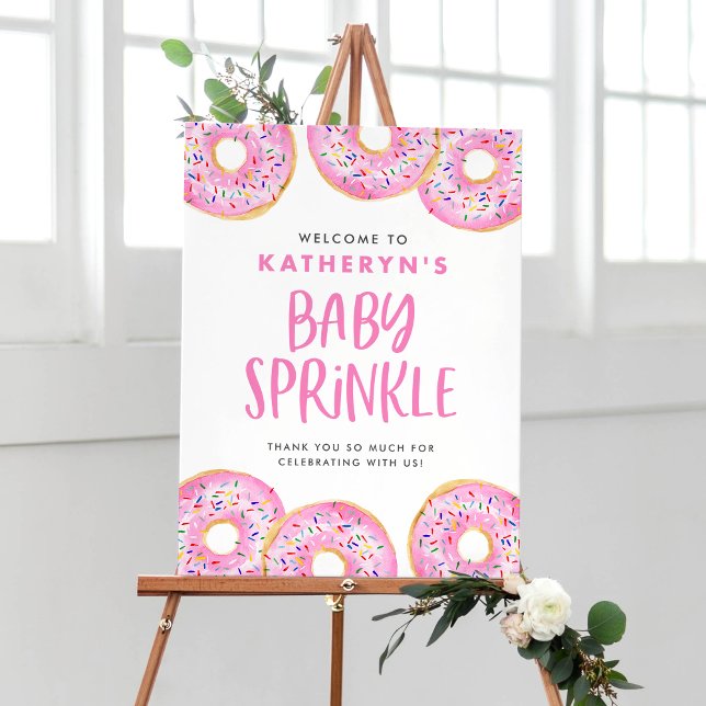 Poster Rosquinha Rosa Sprinkle Bebê Sprinkle Bem-vindo (Watercolor Pink Sprinkle Donut Baby Sprinkle Welcome Sign – Customizable Baby Shower Decor)