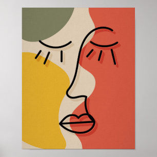Poster Rosto Abstrato Boho Verde Vermelho bege Amarelo Wa