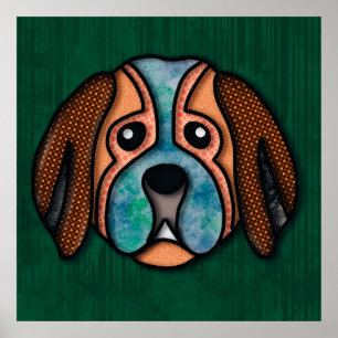 Poster Rosto de cão louco com padrões abstrato coloridos