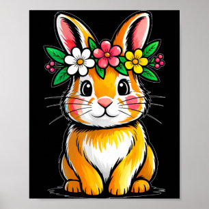 Poster Rosto de Coelho Fofo Floral Dia de Páscoa Mulheres