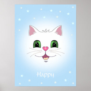 Poster Rosto de gato branco fofo engraçado em azul claro