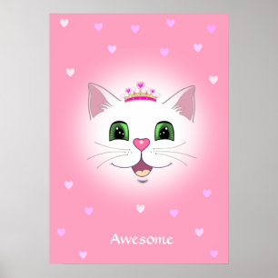 Poster Rosto de gato real fofo com corações em rosa 
