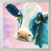 Rosto de vaca com olhos verdes pintura aquosa