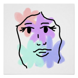 Póster Rosto e flores abstrato (cores pálidas)