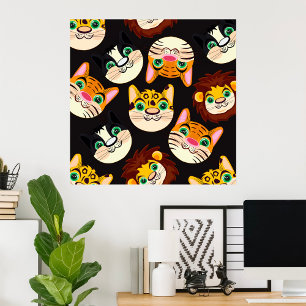 Poster Rostos de Animais em Padrão Gatos Leões Cães