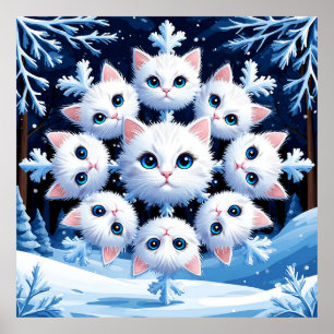 Poster Rostos de Gatos Brancos Fofos Organizados em um Fl