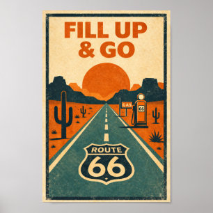 Poster Rota 66 Abasteça e Vá Litho do Deserto