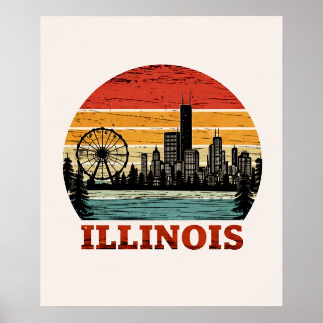 Poster Rota 66 Illinois Chicago Skyline Listra Retro Sol (Frente)