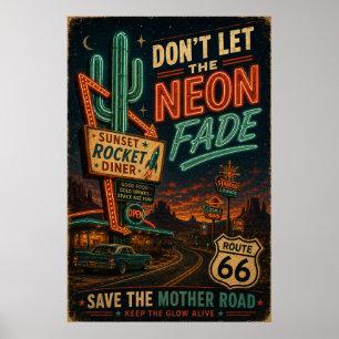 Poster rota 66 Neon Diner Americana Viagem Rodoviária Noi