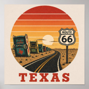 Poster Rota 66 Texas Cadillac Deserto Pôr do Sol