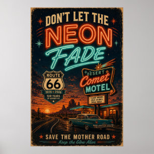 Poster roteiro 66 Neon Motel Noite Drive Estilo Americana