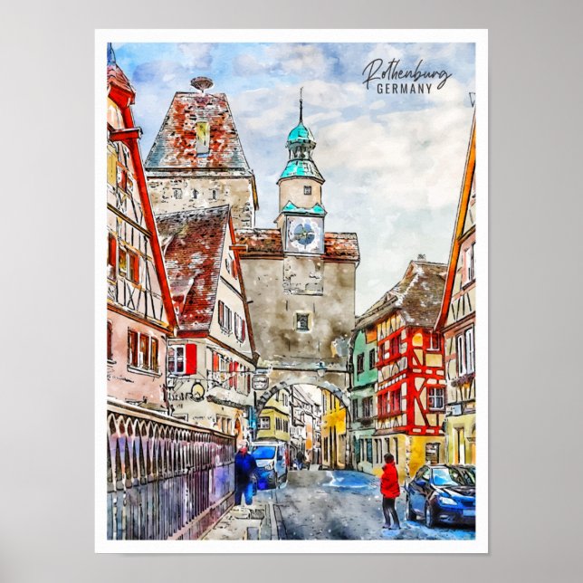 Poster Rothenburg Alemanha viagem vintage aquarela (Frente)