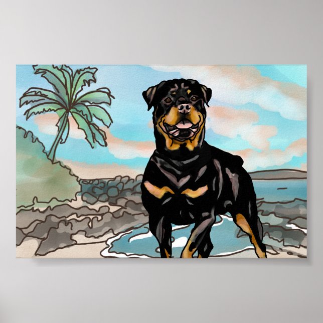 Póster Rottweiler Brincando na Praia do Havaí (Frente)