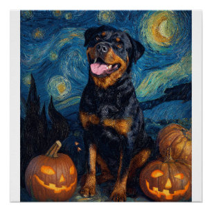Póster Rottweiler Cachorro Fofo Dia das Bruxas Jack O Lan