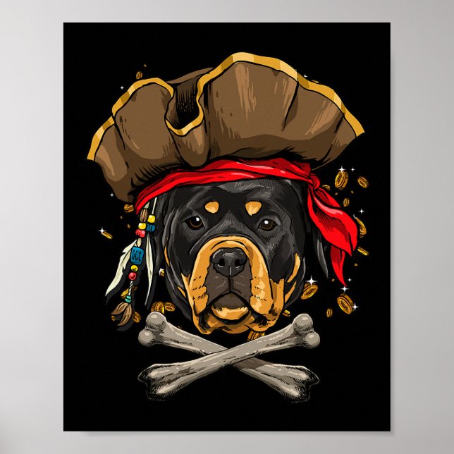 Poster Rottweiler Cão Pirata Jolly Roger Flag Crossbones (Frente)