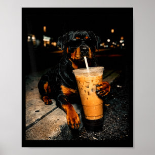Poster Rottweiler legal bebendo café gelado arte engraçad