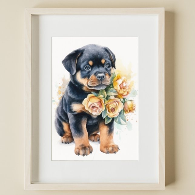 Poster Rottweiler Puppy Pet Watercolor Flor (Criador carregado)