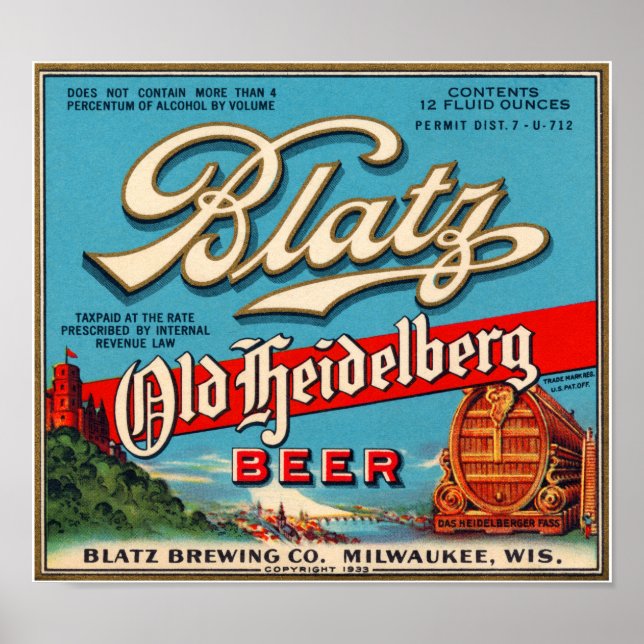 Póster Rótulo da cerveja da antiga Heidelberg da Blatz Re (Frente)
