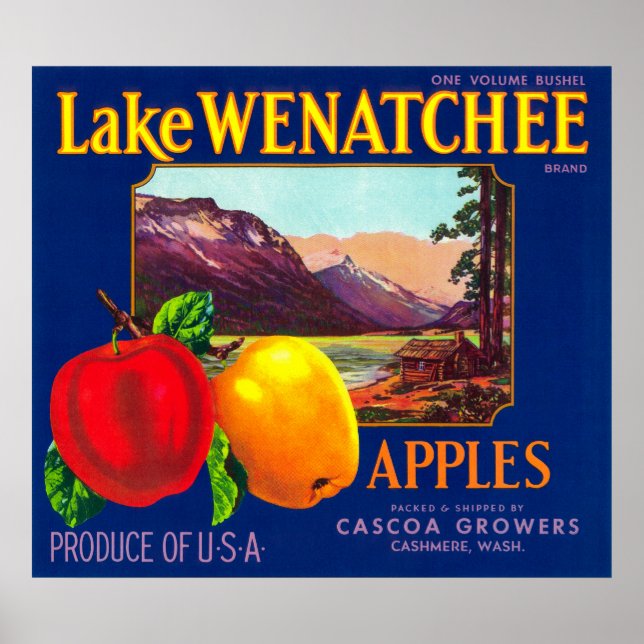 Poster Rótulo da Maçã do Lago Wenatchee (azul) - Cashmere (Frente)