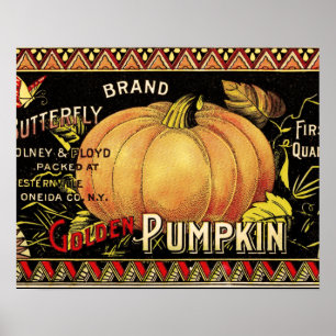 Póster Rótulo de Caixa de Abóbora Dourada Vintage: Outono