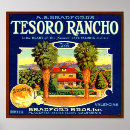 Poster Rótulo de Caixa de Frutas de Laranja Tesoro Rancho