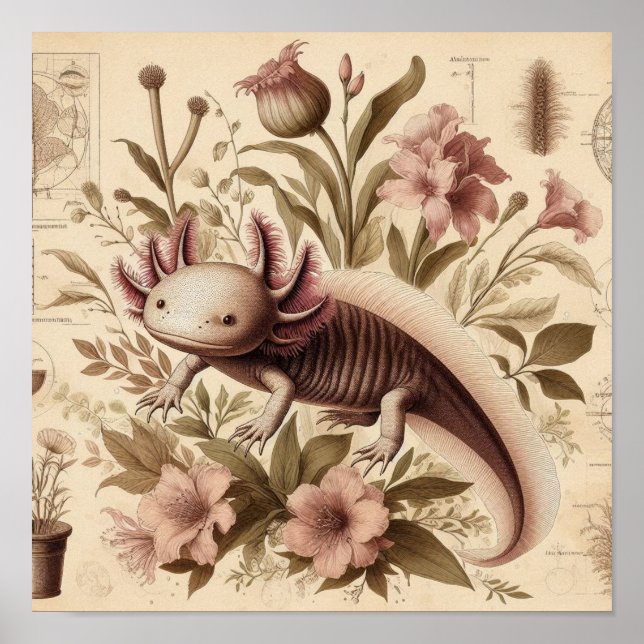 Poster Rótulo de Desenho Antigo de Axolote com Florais Aq (Frente)