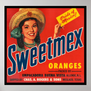 Póster Rótulo de Taxa de Caixas de Laranjas Sweet-Mex Vin