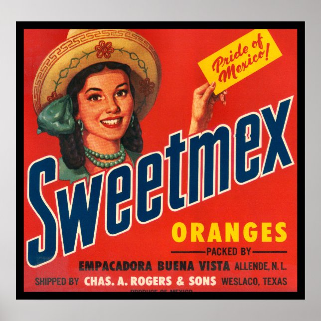 Póster Rótulo de Taxa de Caixas de Laranjas Sweet-Mex Vin (Frente)