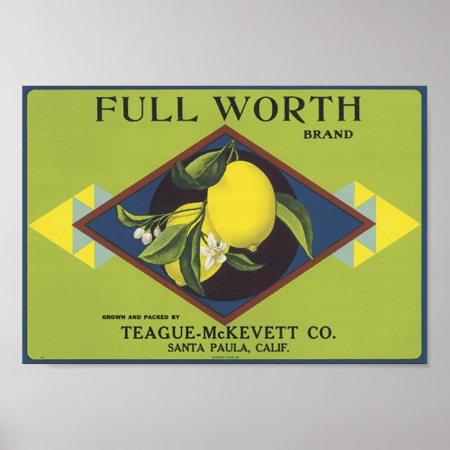Póster Rótulo de Taxa de Fruta de Limão do Valor do cheio (Frente)