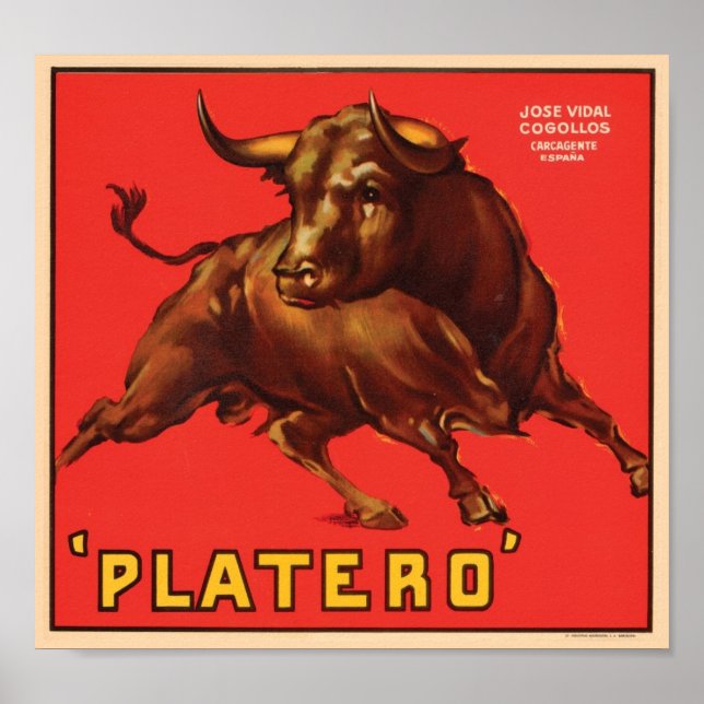 Poster Rótulo de Taxa de Vintagem Platero - Bull (Frente)