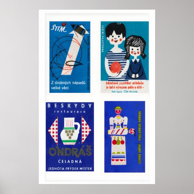 Poster Rótulos de Caixa de Fósforos Azuis e Brancos em Gr (Frente)