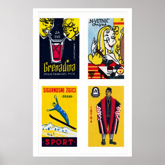 Poster Rótulos de Caixa de Fósforos Croata Amarela em Gri (Frente)