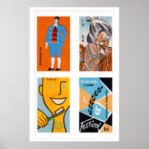 Poster Rótulos de Caixa de Fósforos Laranja e Azul Claro