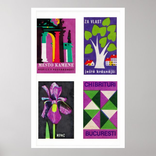 Poster Rótulos de Caixa de Fósforos Roxo e Verde em Grid, (Frente)