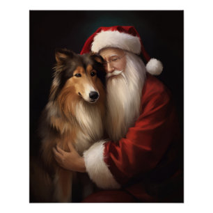 Póster Rough Collie com Papai Noel Natal Festivo