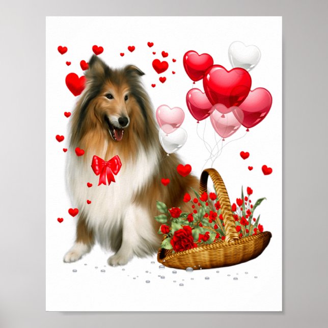 Poster Rough Collie Heart Balloon Happy Valentine Day Dog (Frente)