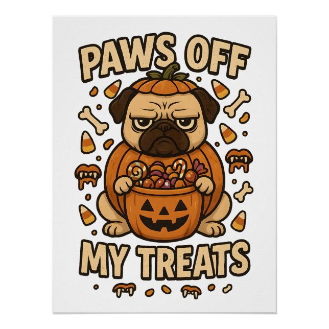 Póster Roupas de Pug Mal-humorado Paws Off My Treats Doce (Frente)